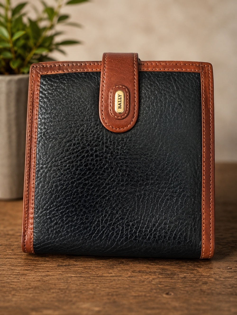 Vintage Bally Black Leather Wallet with Brown Trim and Snap